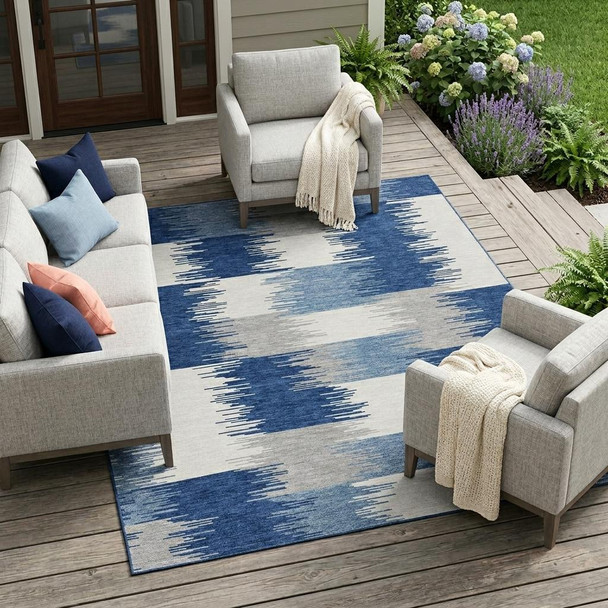10' X 14' Blue And Ivory Geometric Washable Indoor Outdoor Area Rug