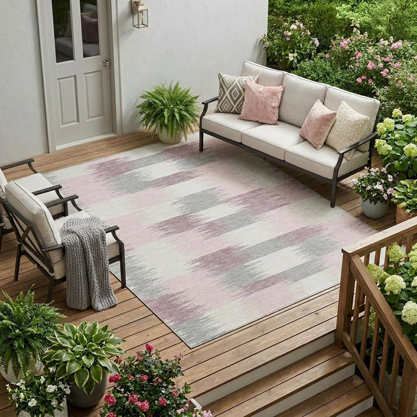 10' X 14' Pink And Linen Geometric Washable Indoor Outdoor Area Rug