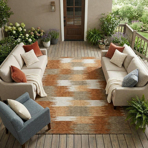 8' X 10' Orange And Brown Geometric Washable Indoor Outdoor Area Rug