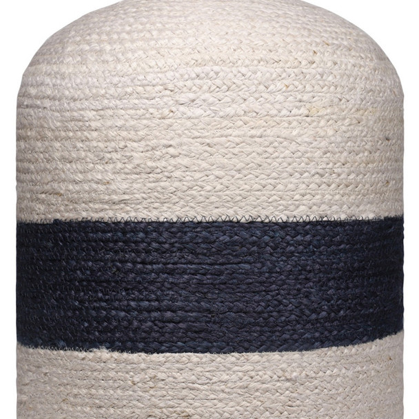 18" Off White and Navy Blue Jute Blend Striped Cylinder Pouf Ottoman