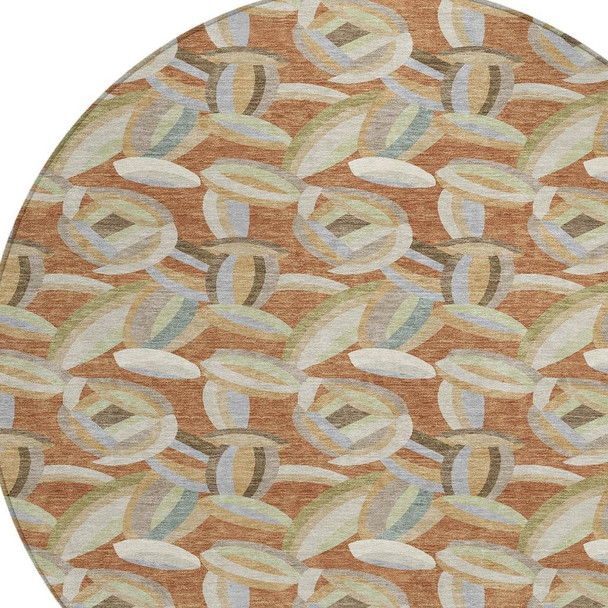 8' Orange And Brown Round Abstract Washable Indoor Outdoor Area Rug