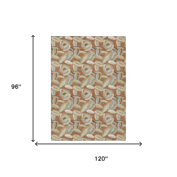 8' X 10' Orange And Brown Abstract Washable Indoor Outdoor Area Rug