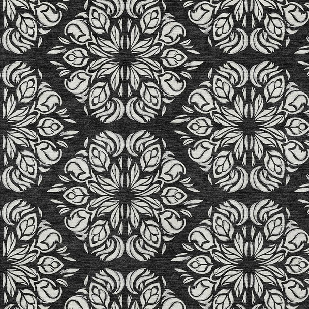 10' X 14' Black And Ivory Damask Washable Indoor Outdoor Area Rug