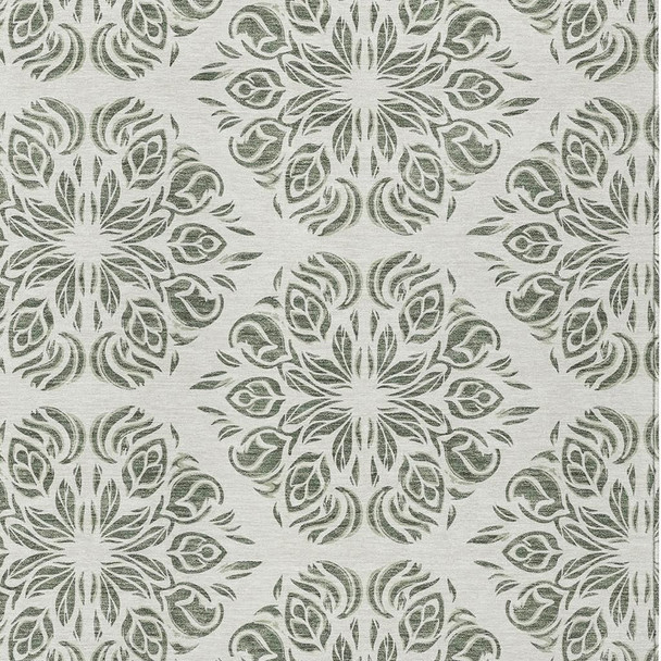 3' X 5' Green And Ivory Damask Washable Indoor Outdoor Area Rug