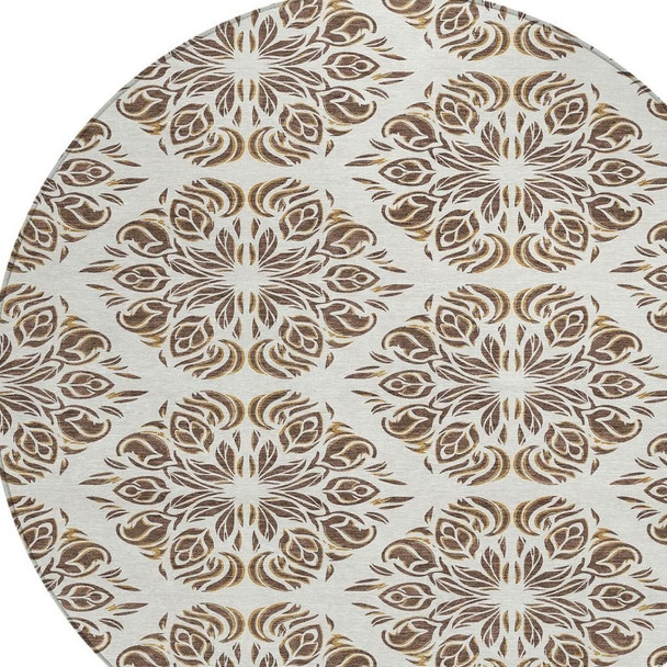 8' Brown And Ivory Round Damask Washable Indoor Outdoor Area Rug