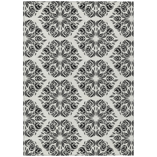 3' X 5' Ivory And Black Damask Washable Indoor Outdoor Area Rug