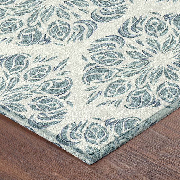 3' X 5' Teal Blue And Ivory Damask Washable Indoor Outdoor Area Rug