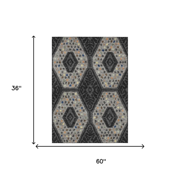 3' X 5' Charcoal And Gray Tribal Washable Indoor Outdoor Area Rug