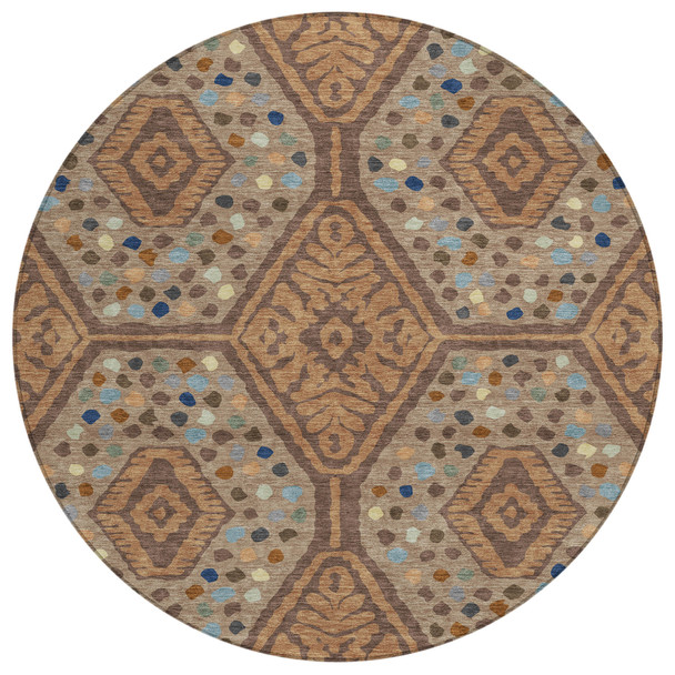 8' Copper And Orange Round Tribal Washable Indoor Outdoor Area Rug