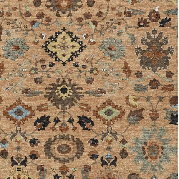 5' X 8' Copper And Brown Floral Medallion Washable Indoor Outdoor Area Rug