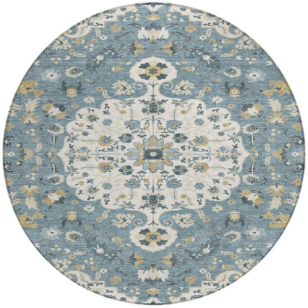8' Ivory And Denim Blue Round Floral Medallion Washable Indoor Outdoor Area Rug