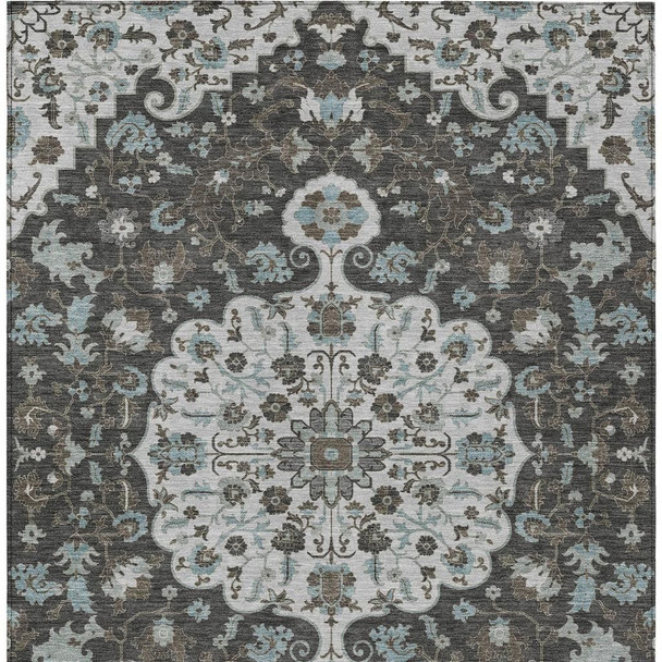 5' X 8' Silver And Charcoal Floral Medallion Washable Indoor Outdoor Area Rug