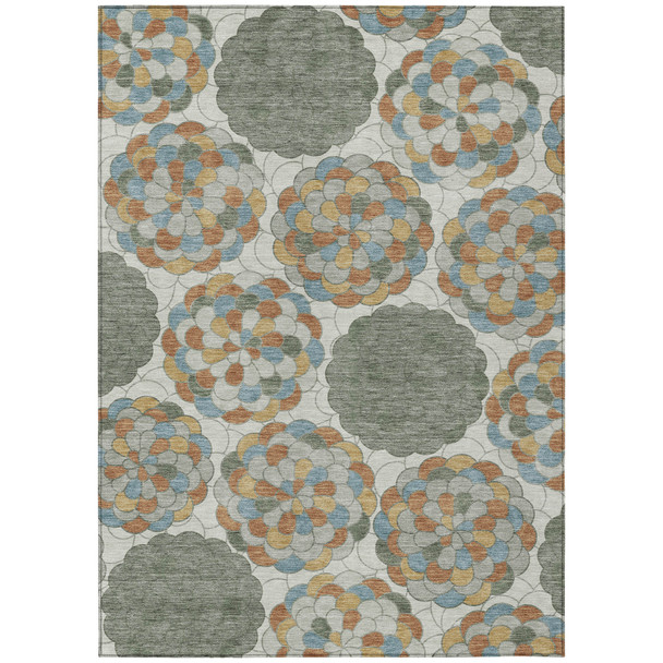 10' X 14' Green And Silver Floral Washable Indoor Outdoor Area Rug