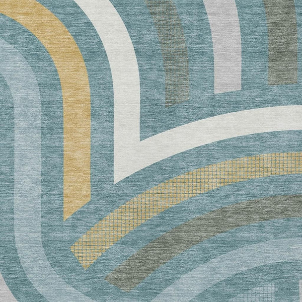 9' X 12' Teal Blue And Gold Abstract Washable Indoor Outdoor Area Rug