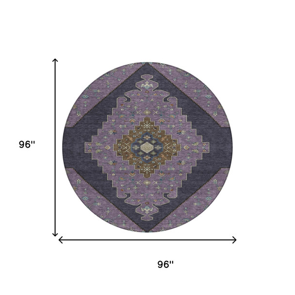 8' Plum And Purple Round Geometric Washable Indoor Outdoor Area Rug