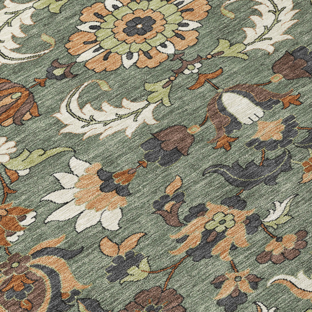 3' X 5' Green And Charcoal Floral Medallion Washable Indoor Outdoor Area Rug