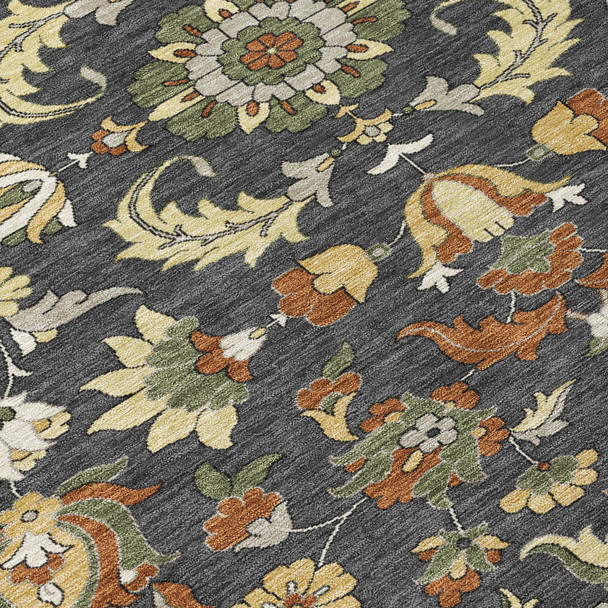 10' X 14' Charcoal And Black Floral Medallion Washable Indoor Outdoor Area Rug