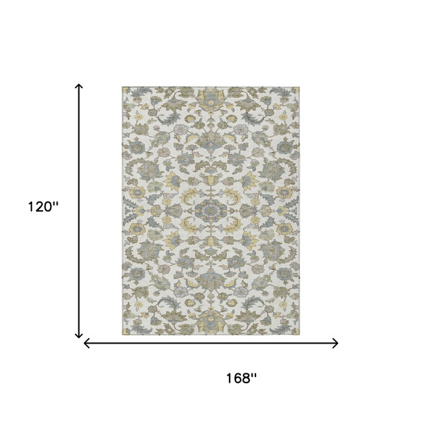 10' X 14' Ivory And Wheat Floral Medallion Washable Indoor Outdoor Area Rug