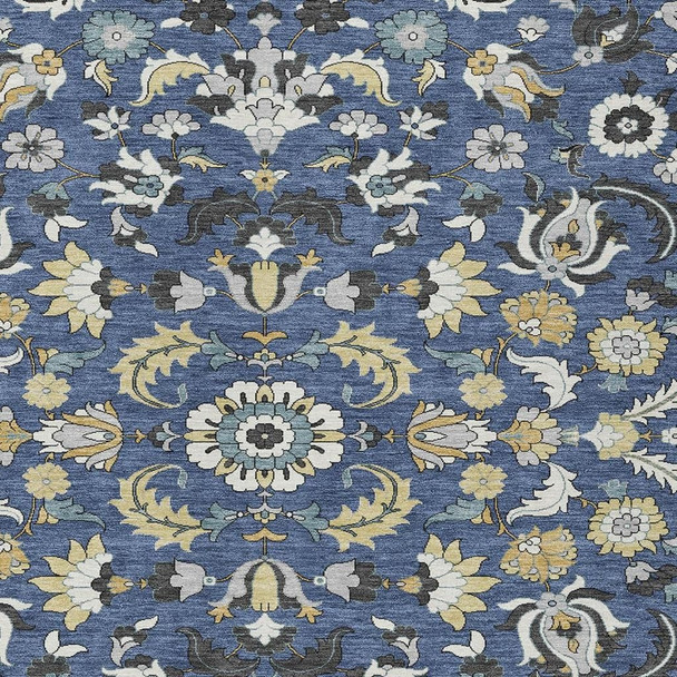 10' X 14' Navy Blue And Wheat Floral Medallion Washable Indoor Outdoor Area Rug
