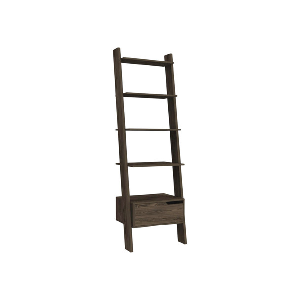 70" Brown Five Tier Ladder Bookcase with A Drawer