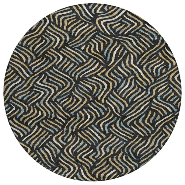 8' Black And Beige Round Abstract Washable Indoor Outdoor Area Rug