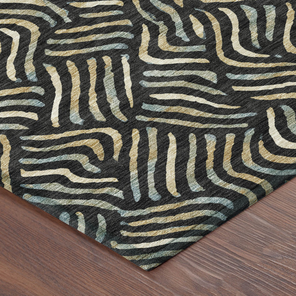 9' X 12' Black And Beige Abstract Washable Indoor Outdoor Area Rug