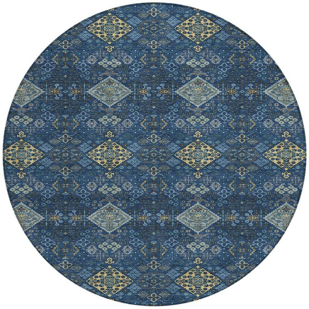 8' Navy Blue And Gold Round Geometric Washable Indoor Outdoor Area Rug
