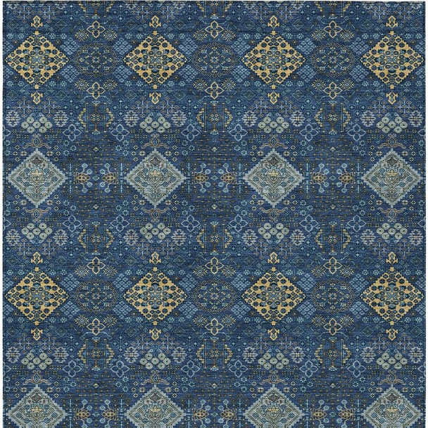 10' X 14' Navy Blue And Gold Geometric Washable Indoor Outdoor Area Rug