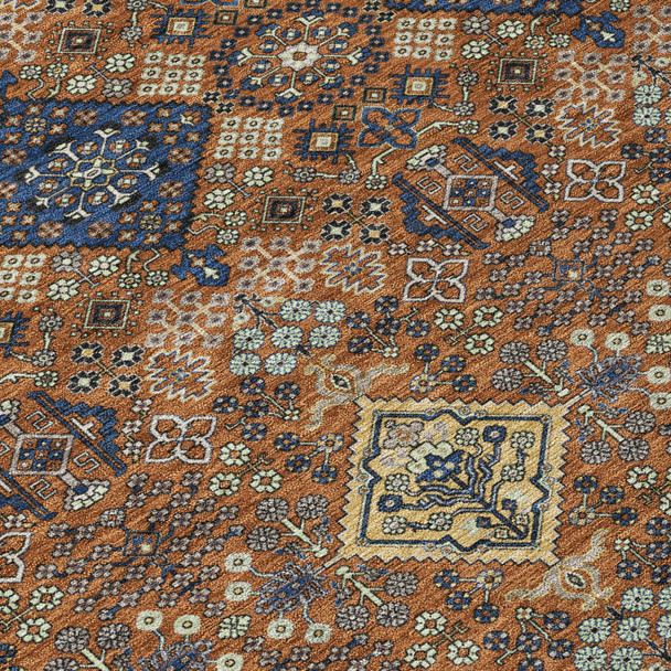9' X 12' Orange And Navy Blue Geometric Washable Indoor Outdoor Area Rug