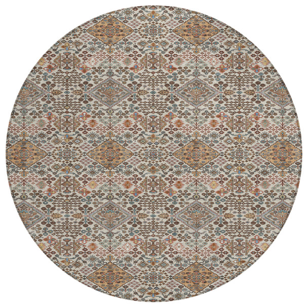 8' Beige And Copper Round Geometric Washable Indoor Outdoor Area Rug