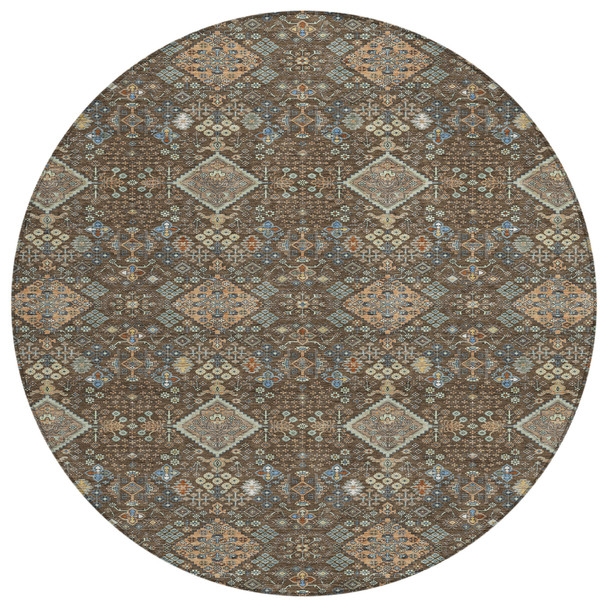 8' Chocolate And Brown Round Geometric Washable Indoor Outdoor Area Rug
