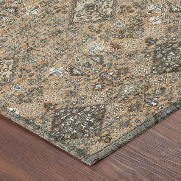 8' Copper And Green Round Geometric Washable Indoor Outdoor Area Rug