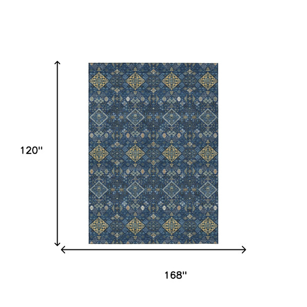 10' X 14' Navy Blue And Gold Geometric Washable Indoor Outdoor Area Rug