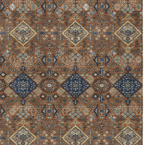 9' X 12' Orange And Navy Blue Geometric Washable Indoor Outdoor Area Rug