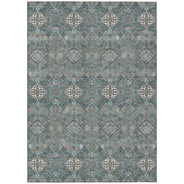 5' X 8' Teal Blue And Ivory Geometric Washable Indoor Outdoor Area Rug