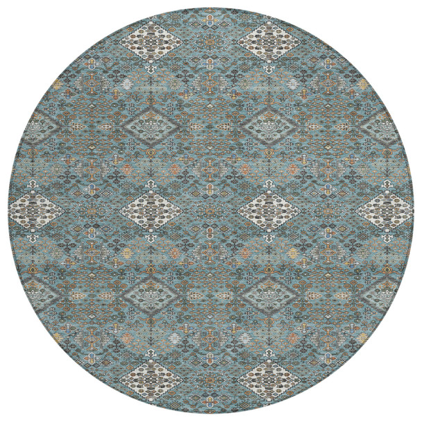 8' Teal Blue And Ivory Round Geometric Washable Indoor Outdoor Area Rug