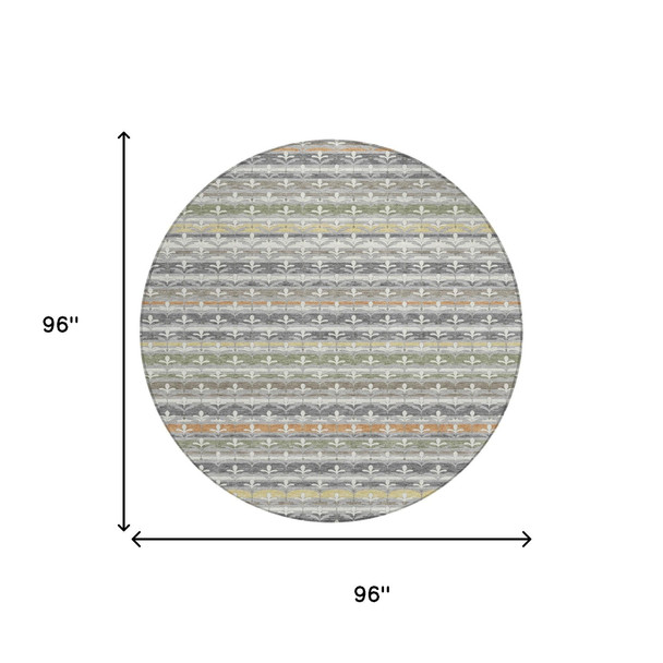 8' Gray And Silver Round Damask Washable Indoor Outdoor Area Rug