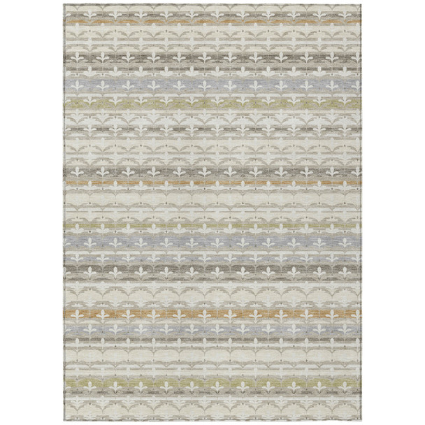 5' X 8' Ivory And Beige Damask Washable Indoor Outdoor Area Rug