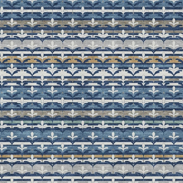 3' X 5' Navy Blue And Blue Damask Washable Indoor Outdoor Area Rug