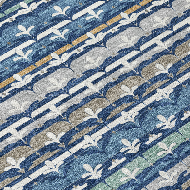5' X 8' Navy Blue And Blue Damask Washable Indoor Outdoor Area Rug