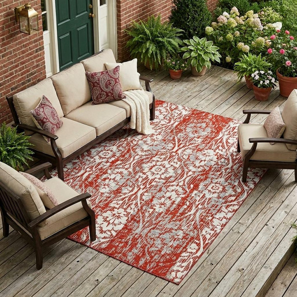 8' X 10' Red And Burgundy Damask Washable Indoor Outdoor Area Rug