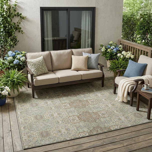 5' X 8' Sage And Green Floral Washable Indoor Outdoor Area Rug