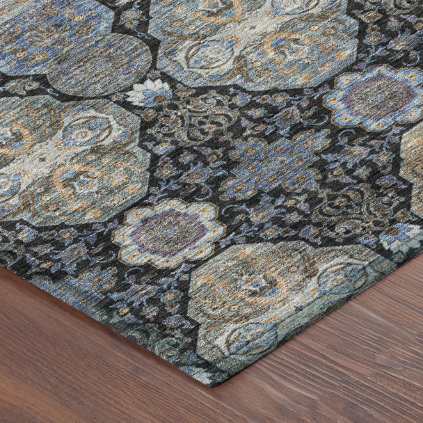 10' X 14' Black And Blue Floral Washable Indoor Outdoor Area Rug