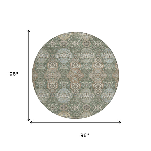 8' Green And Silver Round Floral Washable Indoor Outdoor Area Rug