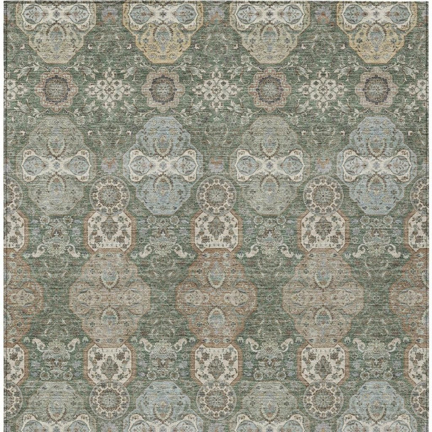 9' X 12' Green And Silver Floral Washable Indoor Outdoor Area Rug