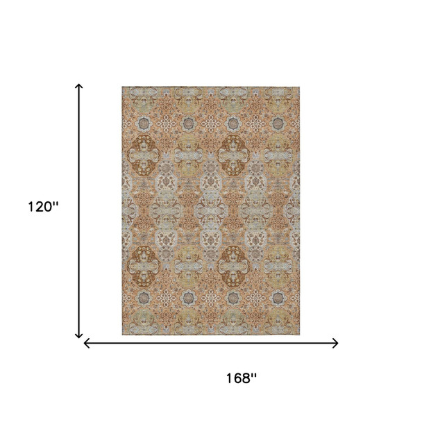 10' X 14' Copper And Orange Floral Washable Indoor Outdoor Area Rug