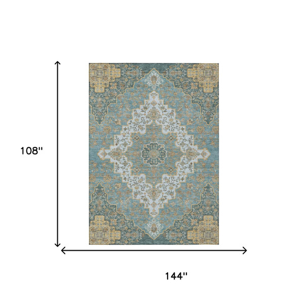 9' X 12' Teal Blue And Sky Blue Medallion Washable Indoor Outdoor Area Rug