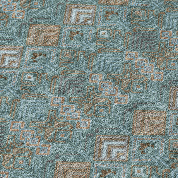 8' X 10' Teal Blue And Charcoal Geometric Washable Indoor Outdoor Area Rug