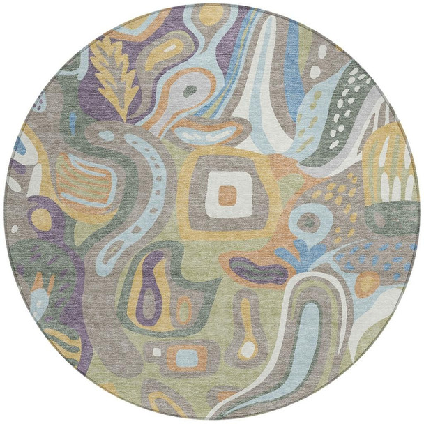 8' Green And Sage Round Abstract Washable Indoor Outdoor Area Rug