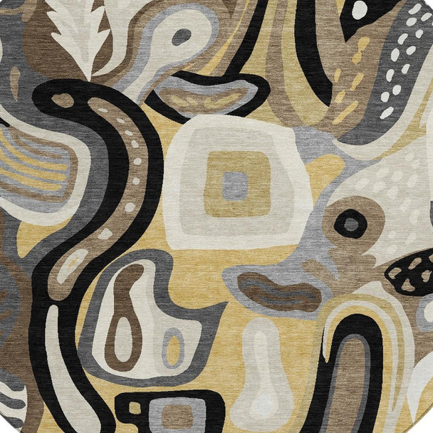 8' Gold And Brown Round Abstract Washable Indoor Outdoor Area Rug